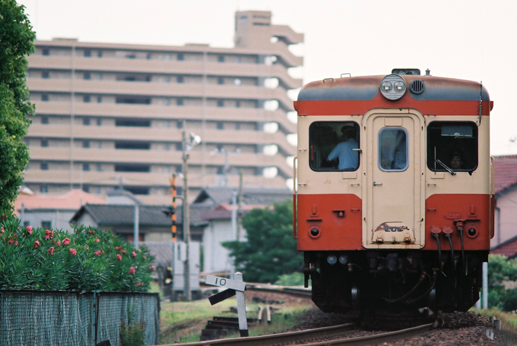 住宅地を駆ける赤の汽車