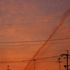 飛行機雲と朝焼け