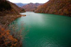 紅葉と緑の湖面