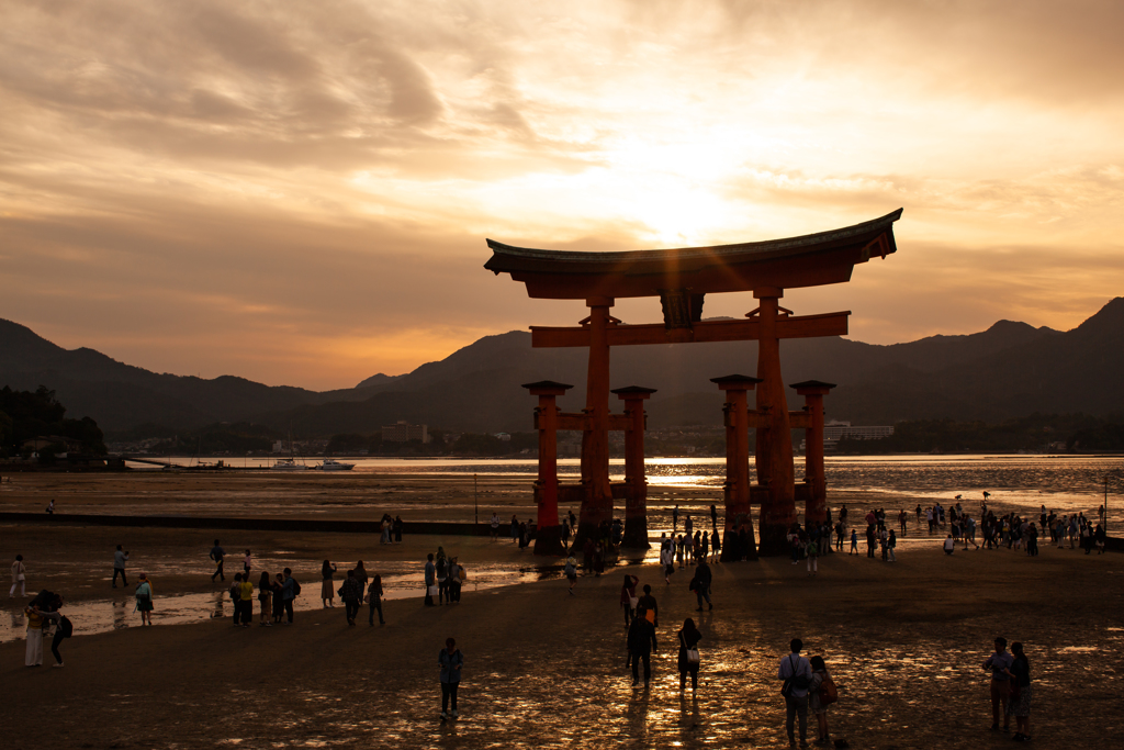 大鳥居に沈む夕日