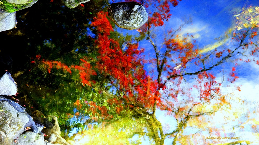水面の紅葉アート