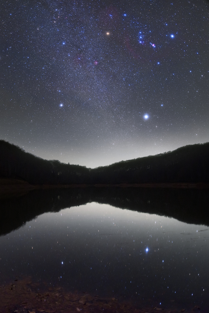 冬の大三角と池に映る星々
