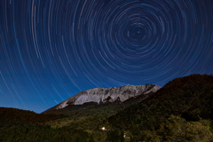 月明かりを浴びた大山南壁と星の軌跡