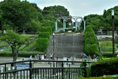 真夏の公園で賑わう噴水広場