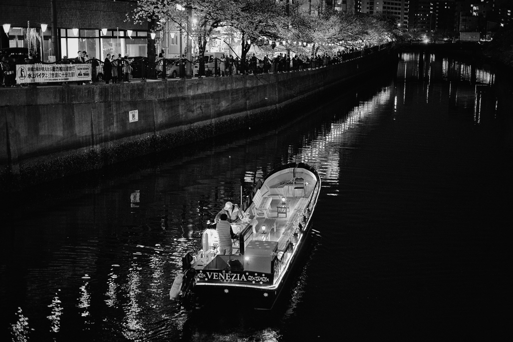 the ship in a river at night