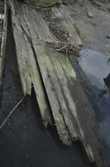 朽ちた木造漁船
