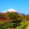 富士と小川と菜の花と