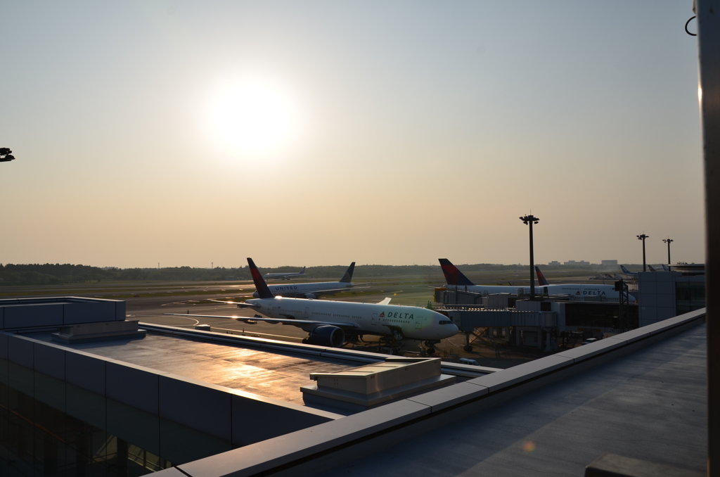 夕方の成田空港　デルタとユナイテッドの競演