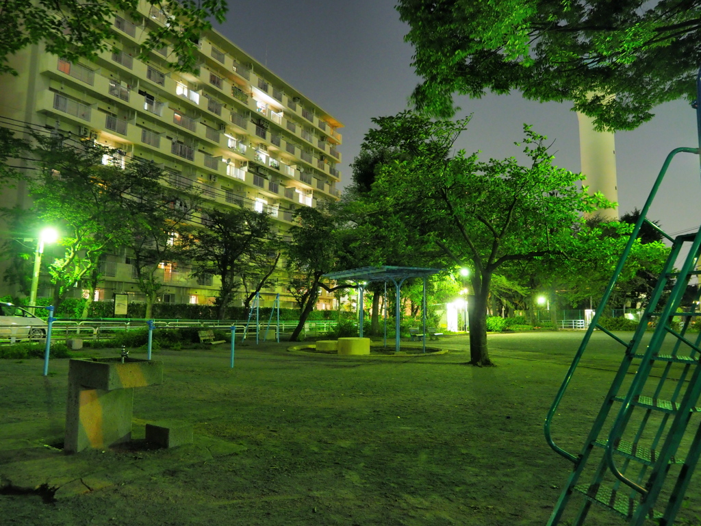 給水塔の見える夜の公園の風景