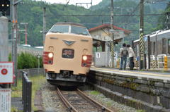 単線区間を行く381系