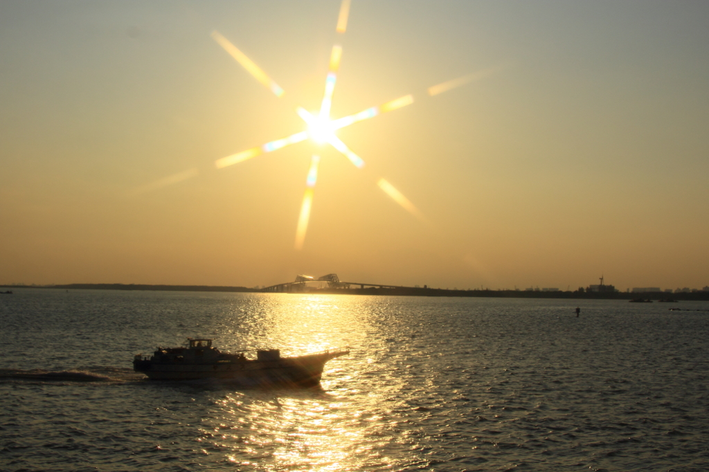 Fishing boat across the light