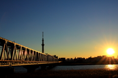 鉄・夕方２　鉄橋の輝き