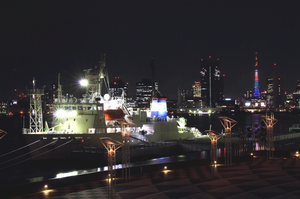 埠頭から東京タワーを見る