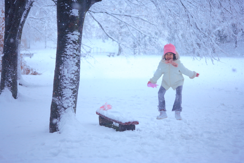 九州っ子、初めての大雪にはしゃぐ