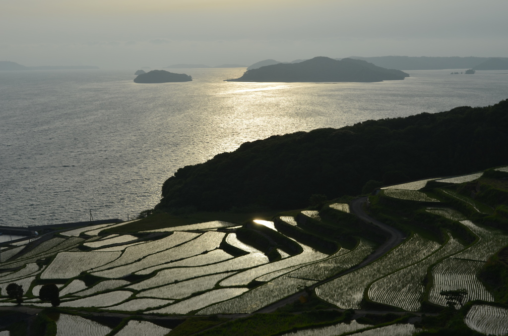 土谷棚田、夕日