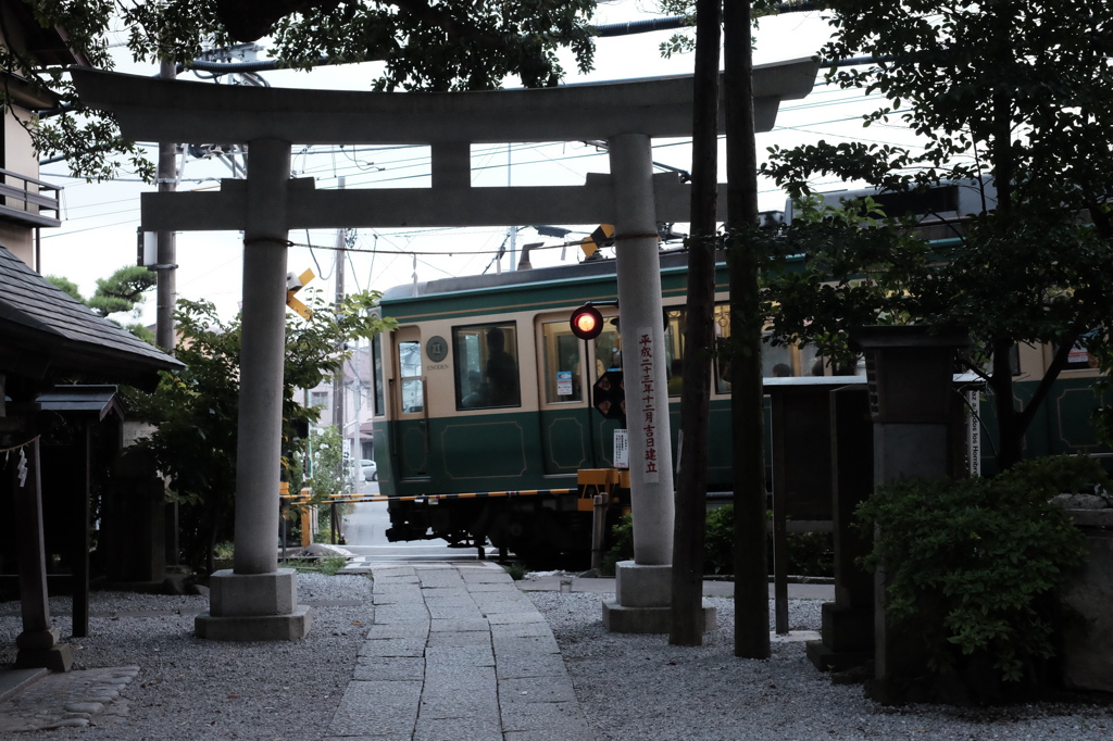 鳥居越しの江ノ電