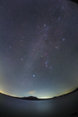 静かな湖畔と冬の星空