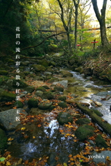 写真歌：花貫渓谷紅葉狩り2025：吊り橋のある渓流