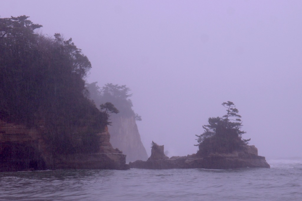 雨に煙る海岸