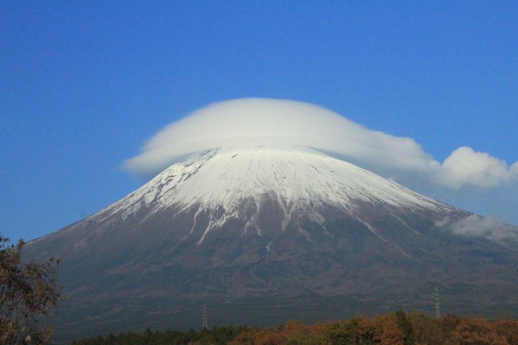 Snow and cloud capped Mt. Fuji