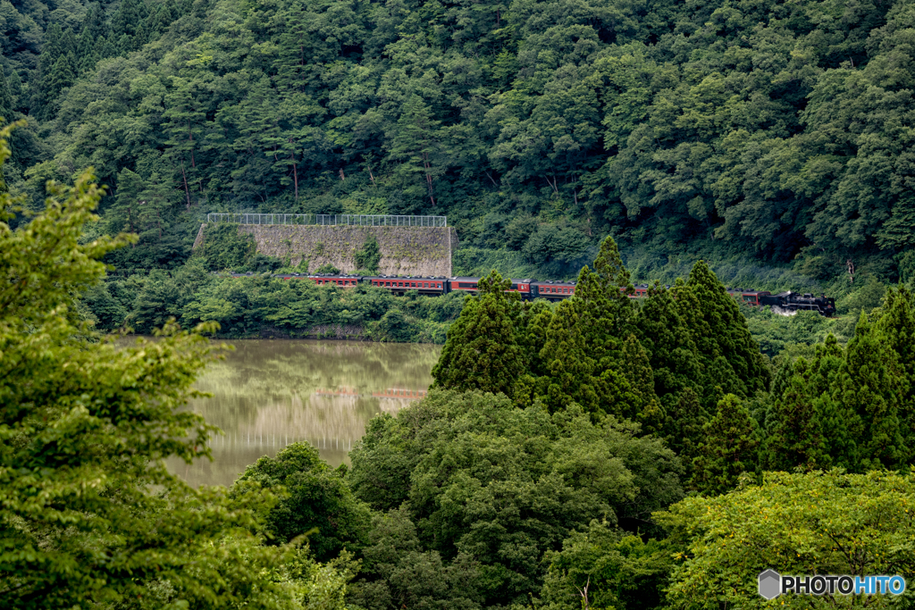 線路しかない山中を遠望する。