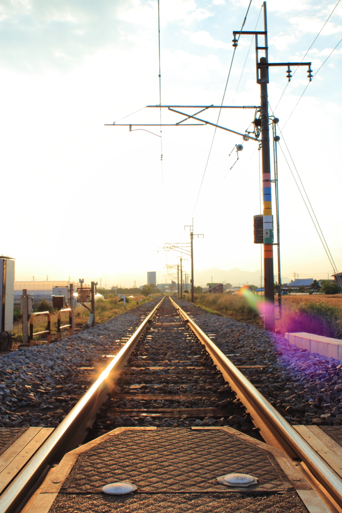 夕陽に向かって続く線路(みち)