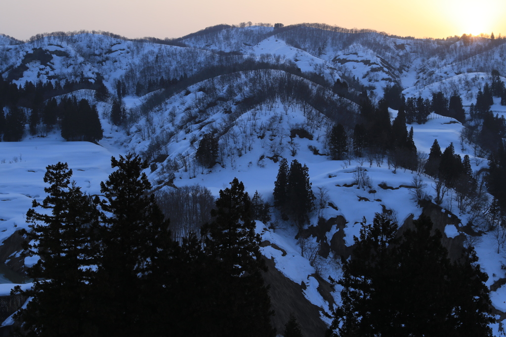 雪を融かす朝日（山古志）