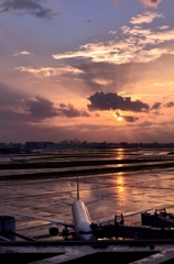 雨上がりの夕焼け空港