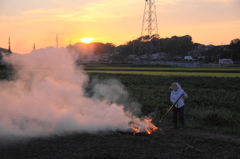 野焼きと夕陽