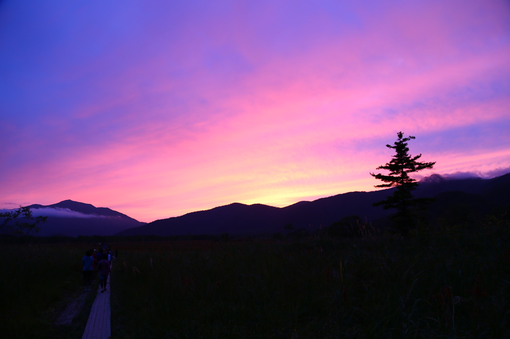 尾瀬ヶ原　至仏山と夕日