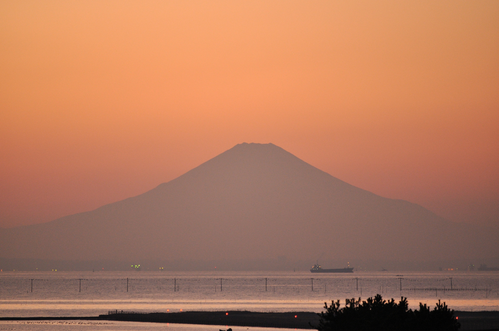 夕陽に染まる富士山