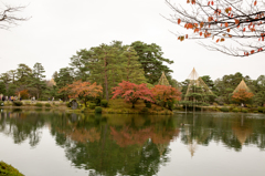 雪吊りと紅葉の兼六園