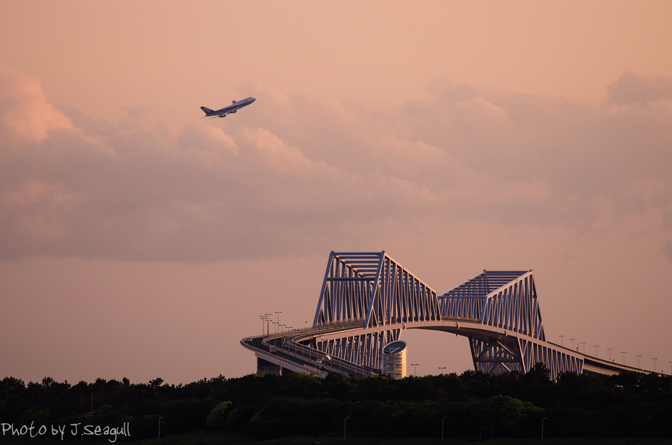 夕照の東京ゲートブリッジとB747