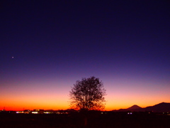 星と富士と夕景