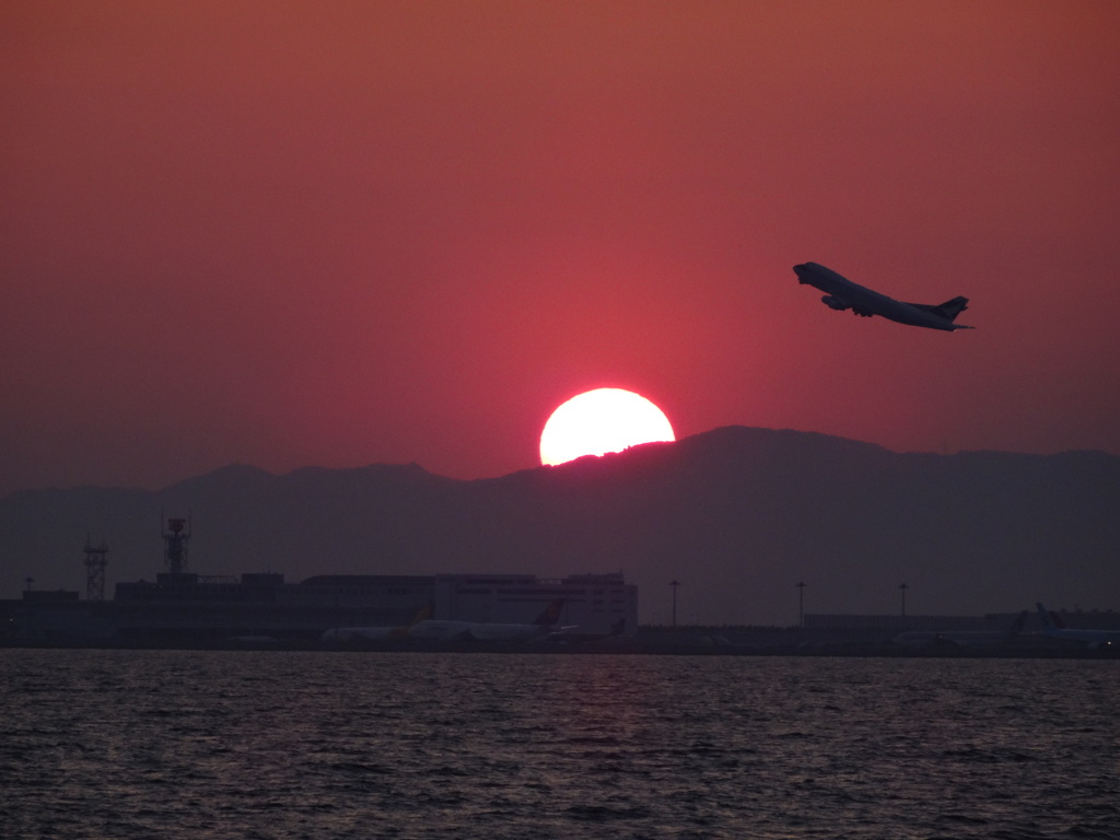夕日を背景に関空から離陸するB747