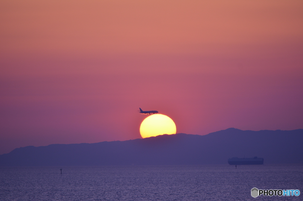 夕日を背景にJAL着陸