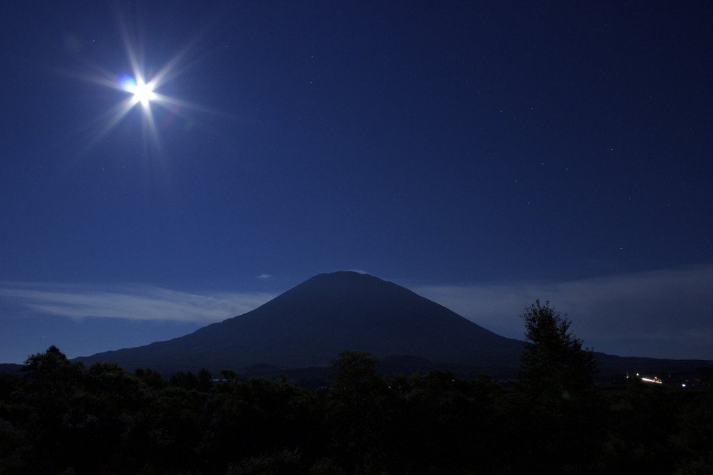 羊蹄山と満月と星