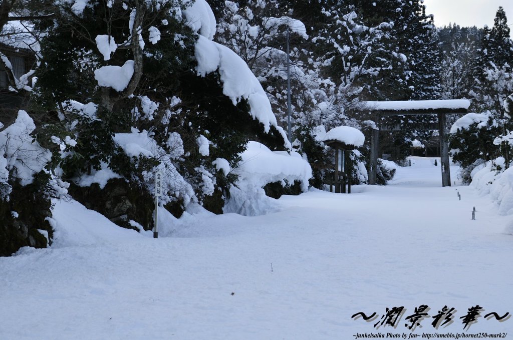 長滝神社参道、雪一面