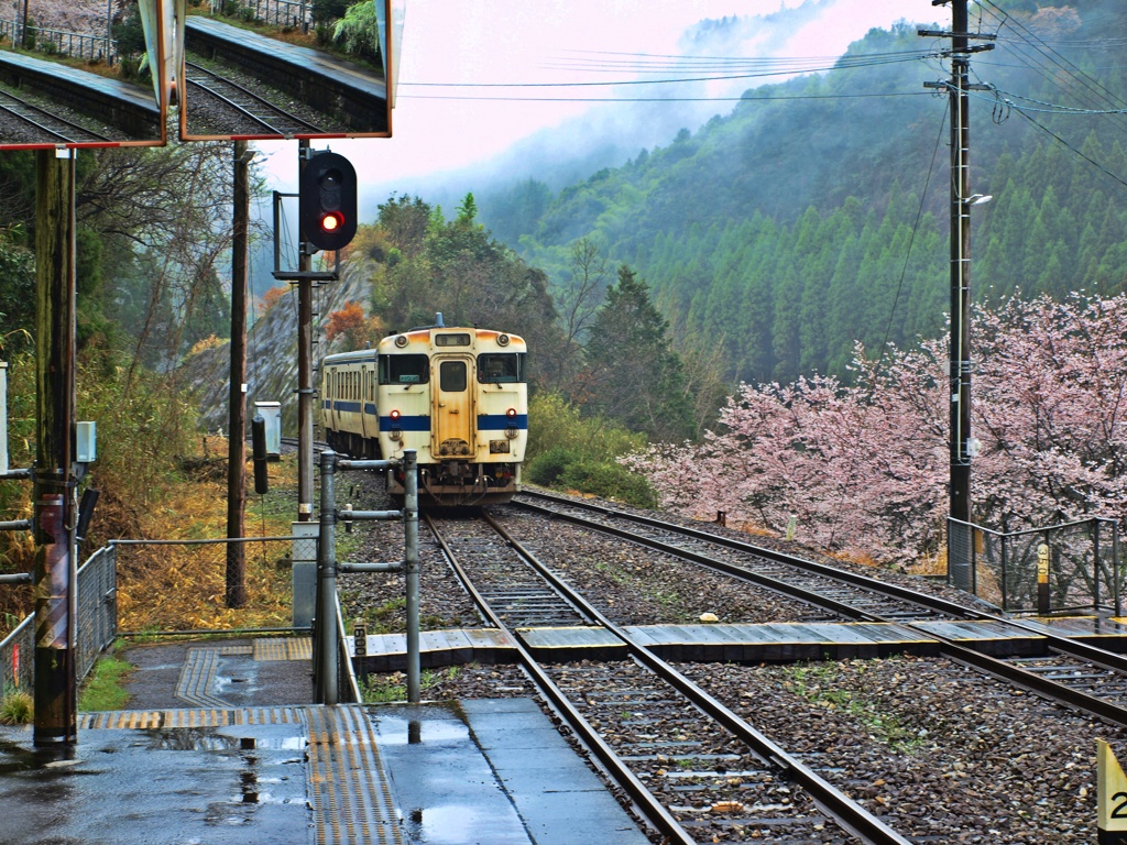 春の日田彦山線大行司駅2