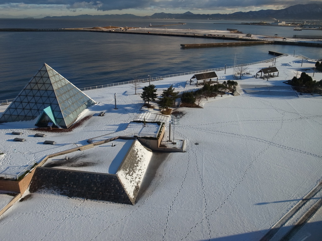 雪原の足跡と濃厚な海