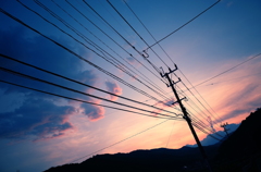 夕日と電柱
