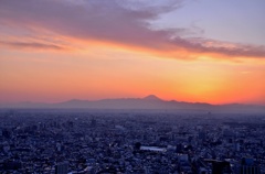 夕焼け新宿    富士山がアタマを出した