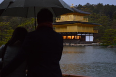 雨の金閣とカップル