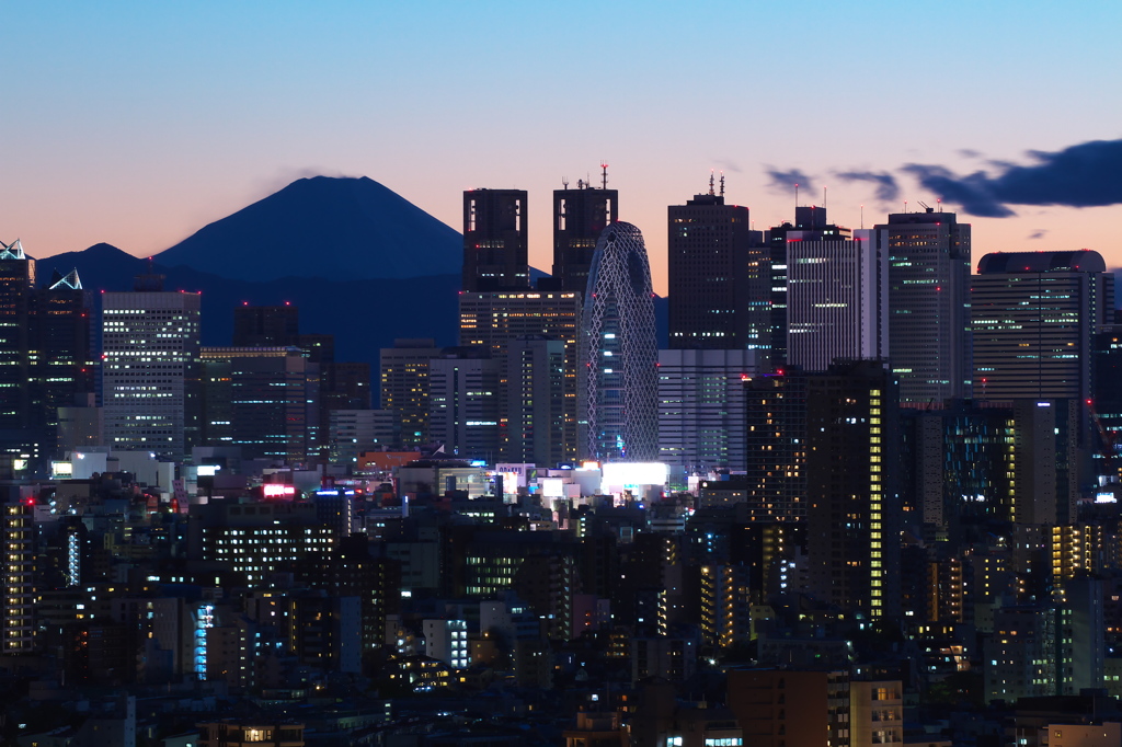 高層ビルと黄昏富士
