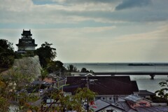 海を背に