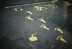 Footprints and apple