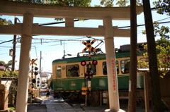 鳥居越しに江ノ電を