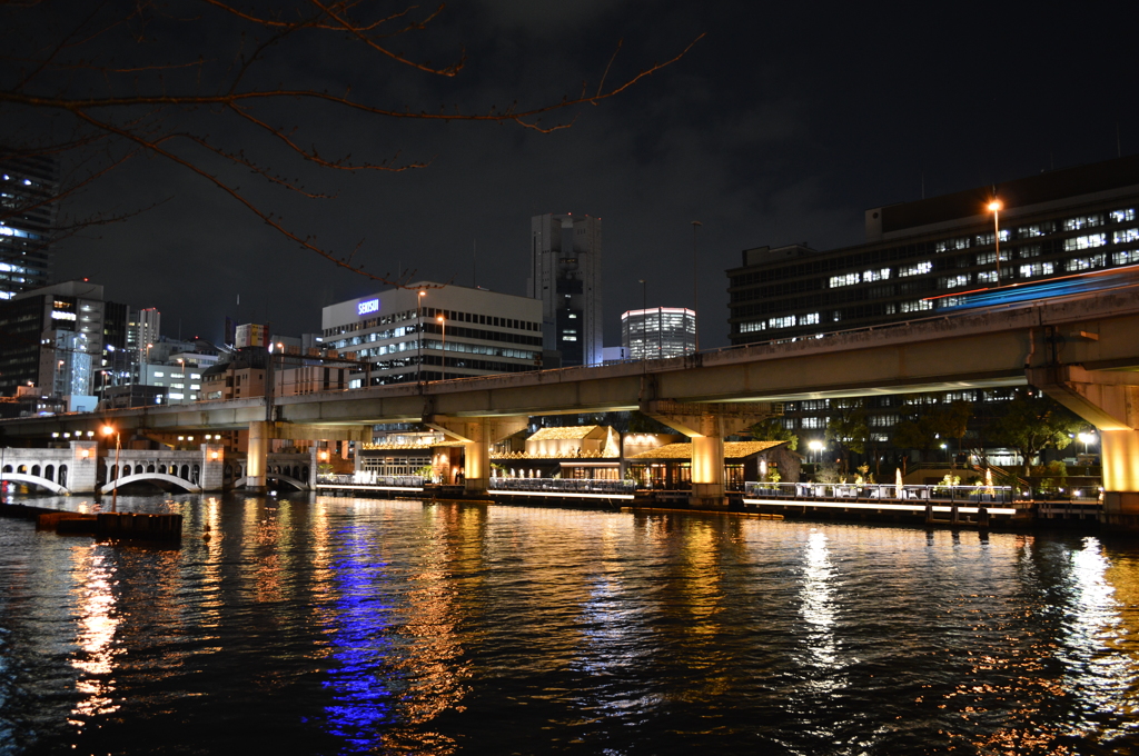 大阪の夜景　水晶橋(左）と中之島LOVE　CENTRAL（中央）