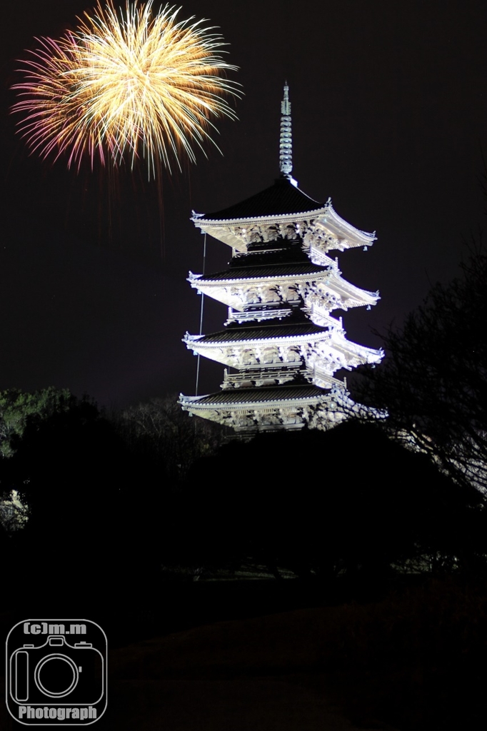 ライトアップした五重塔と花火