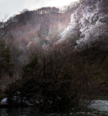 ダムのしぶきと樹霧